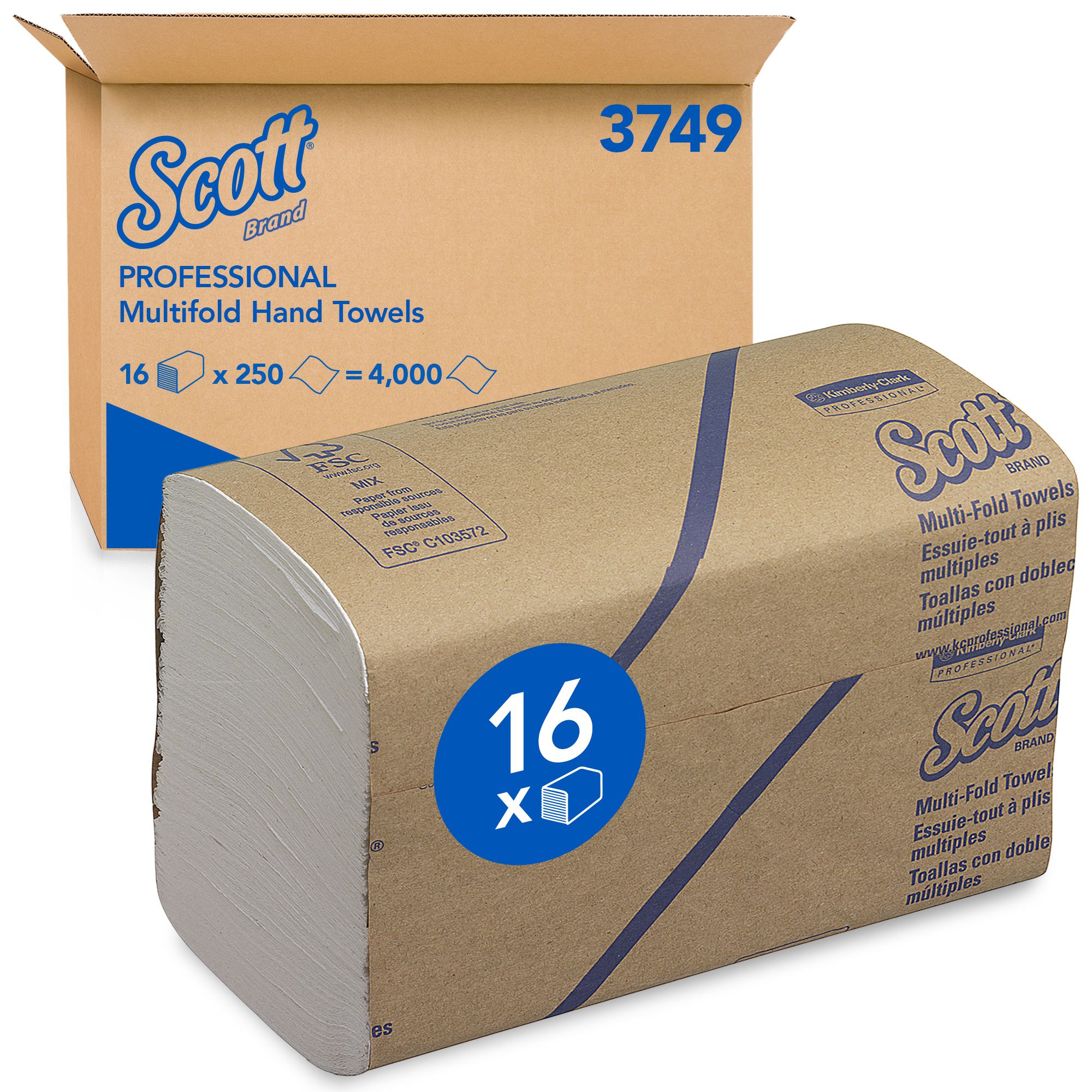 3749 Листовые бумажные полотенца Scott Multi-Fold белые однослойные M / W сложения, 16 пачек по 250 листов